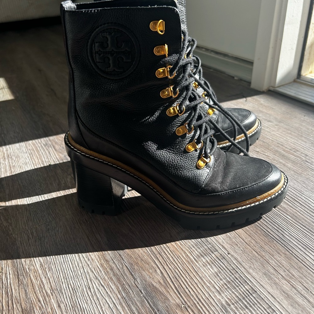 Tory Burch Miller Mixed Materials combat boots in black size women’s 7.5